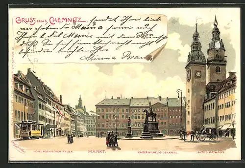Künstler-AK Erwin Spindler: Chemnitz, Partie auf dem Markt mit Hotel Römischer Kaiser, Kaiser Wilhelm-Denkmal, Rathaus