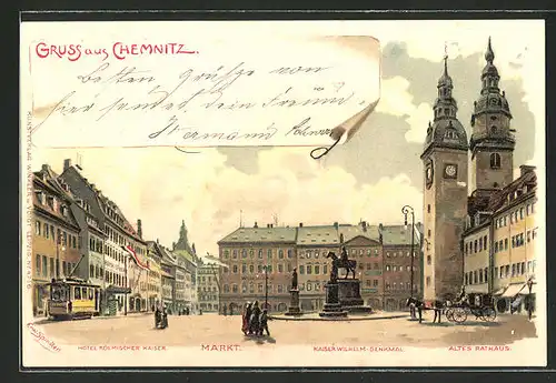 Künstler-AK Erwin Spindler: Chemnitz, Markt mit Hotel Römischer Kaiser, Kaiser Wilhelm-Denkmal, Altes Rathaus