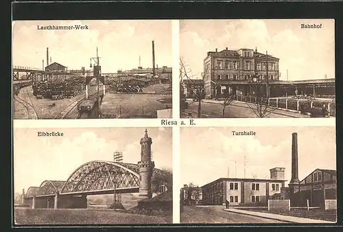 AK Riesa, Lauchhammer-Werk, Bahnhof, Elbbrücke, Turnhalle