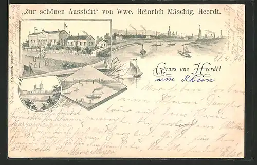AK Heerdt, Gasthaus "Zur schönen Aussicht" von Wwe. Heinrich Mäschig, Flusspartie