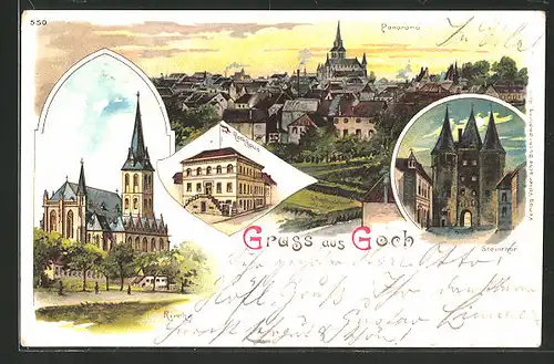Lithographie Goch im Rheinland, Panorama, Blick auf Kirche, Rathaus und Steinthor