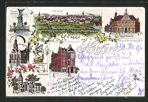 Lithographie Herford, Kriegerdenkmal, Münster Kirche, Radewiger Kirche, Kaiserl. Postamt, Totalansicht