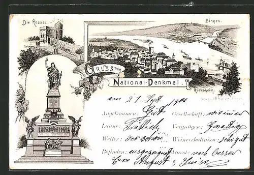 Lithographie National-Denkmal, Blick auf Rüdesheim und Bingen, Partie an der Rossel und Nationaldenkmal