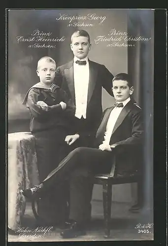Foto-AK Walter Hahn, Nachfolger: Prinz Ernst Heinrich, Kronprinz Georg und Prinz Friedrich Christian von Sachsen