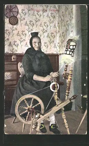 AK Hessen, Frau in hessischer Tracht an einem Spinnrad