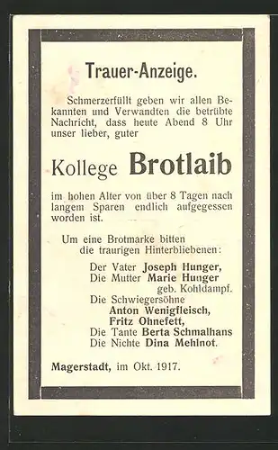 AK Trauer-Anzeige für "Kollege Brotlaib", Magerstadt 1917, Kriegsnot