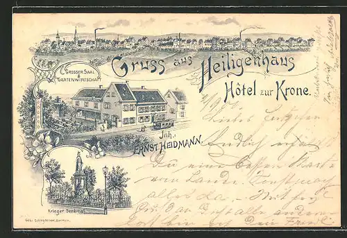 Lithographie Heiligenhaus, Hotel zur Krone, Kriegerdenkmal, Ortspanorama