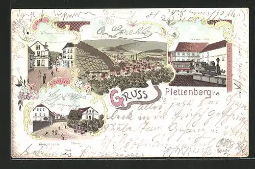 Lithographie Plettenberg i. W., Kaiserstrasse, Wilhelmstrasse, Strassenbahn