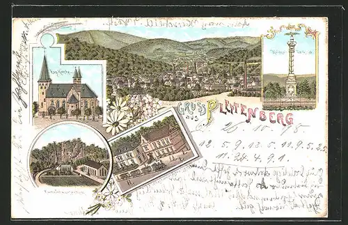 Lithographie Plettenberg, Ev. Kirche, Ruine Schwarzenberg, Kriegerdenkmal