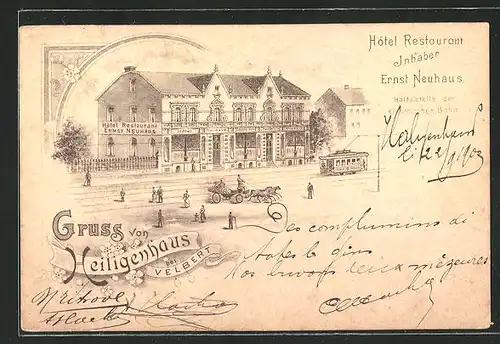 Lithographie Heiligenhaus b. Velbert, Hotel Restauration v. E. Neuhaus, Haltestelle der elektr. Strassenbahn