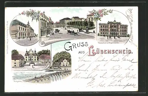 Lithographie Lüdenscheid, Post, Schloss Nauenhof, Wilhelmstrasse mit Rathaus, Realschule