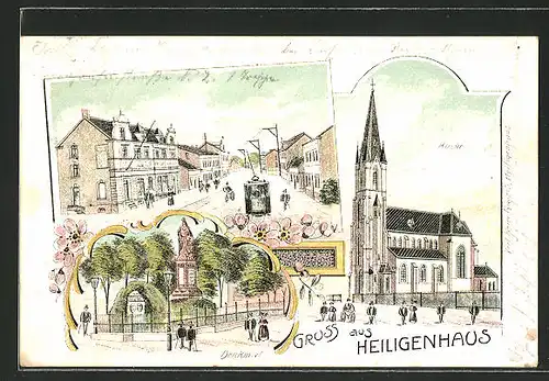 Lithographie Heiligenhaus, Denkmal, Kirche, Strassenpartie mit Strassenbahn