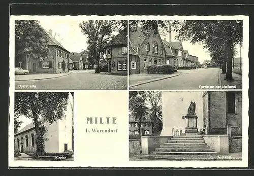 AK Milte, Dorfstrasse, Strasse an der Molkerei, Denkmal, Kirche