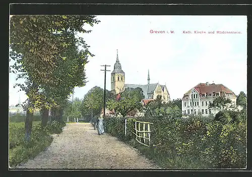 AK Greven i. W., kath. Kirche und Mädchenheim