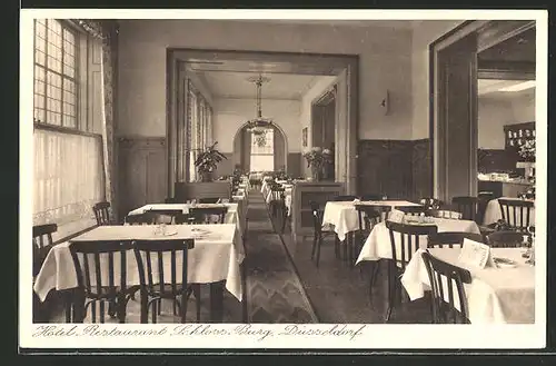 AK Düsseldorf, Innenansicht vom Hotel Restaurant Schloss Burg, Bes. Gebr. Schöpwinkel, Kaiser Wilhelm-Str. 47