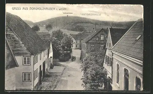 AK Borgholzhausen i. W., Tanfanastrasse mit Luisenturm in der Ferne