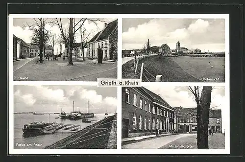 AK Grieth a. Rhein, Markt, Dorfpartie, Marien-Hospital und Rheinpartie