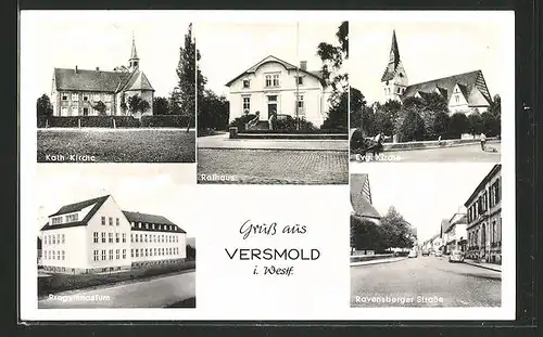 AK Versmold i. Westf., Ravensberger Strasse, Rathaus, Progymnasium & Kirche