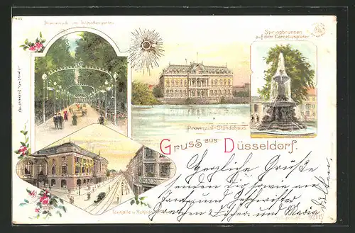 Lithographie Düsseldorf, Provinzial-Ständehaus, Promenade im Tonhallengarten und Blick zur Schadowstrasse
