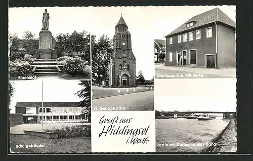 AK Hiddingsel i. Westf., Ehrenmal, St. Georg-Kirche, Kaufhaus Joh. Mütherig und Schule