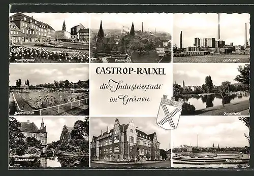 AK Castrop-Rauxel, Münsterplatz, Zeche Erin, Rennbahn und Rathaus