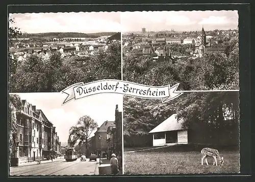 AK Düsseldorf-Gerresheim, Strassenpartie mit Strassenbahn, Ortsansichten aus der Vogelschau