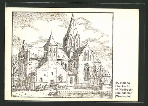 Künstler-AK Mönchengladbach-Rheindahlen, Westseite der St. Helena-Pfarrkirche