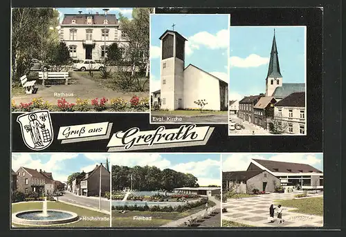 AK Grefrath, Rathaus, Evgl. Kirche, Hochstrasse, Freibad