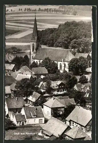 AK Füchtorf i. W., Teilansicht mit Kirche aus der Vogelschau