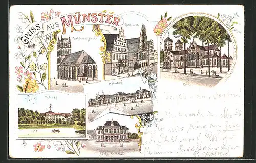 Lithographie Münster, Schloss, Bahnhof, Liebfrauenkirche, Königl. Akademie, Dom, Rathhaus