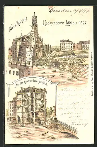 Lithographie Dresden-Löbtau, Hochwasser 1897, Zerstörtes neues Rathaus, zerstörtes Gebäude an der Hohenzollern Brücke