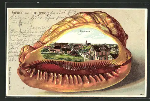 Passepartout-Lithographie Langeoog, Teilansicht der Ortschaft auf einer Muschel
