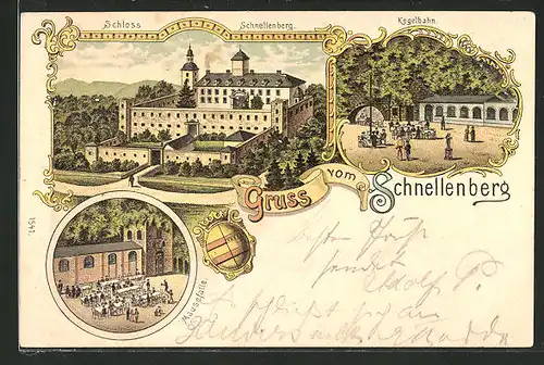 Lithographie Attendorn, Schloss und Gasthaus zum Schnellenberg, Mausefalle, Kegelbahn