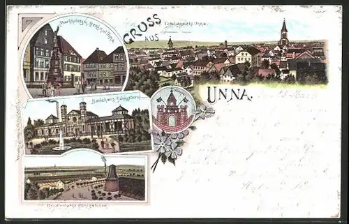 Lithographie Unna i. Westf., Ortsansicht, Marktplatz mit Denkmal, Badehaus und Gradirwerke Königsborn