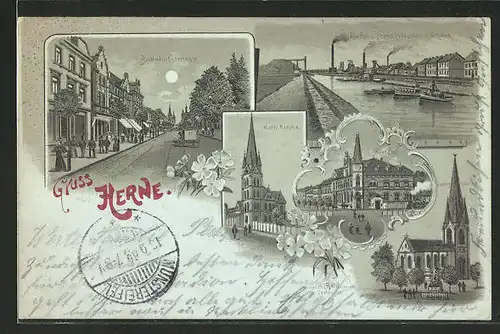 Mondschein-Lithographie Herne, Blick auf Bahnhofstrasse, Hafen u. Zeche Friedrich der Grosse, Kirche u. Postamt