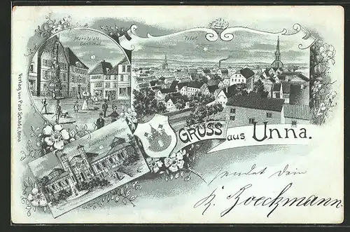 Mondschein-Lithographie Unna, Ortsansicht, Marktplatz mit Denkmal, Badehaus Königsborn