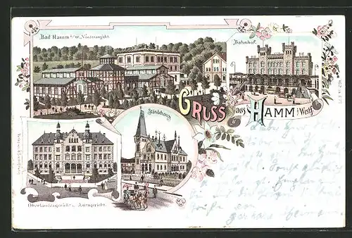 Lithographie Hamm i. Westf., Blick auf Bahnhof, Ständehaus, Oberlandesgericht und Amtsgericht