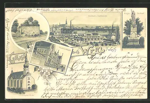 Lithographie Werl i. W., Schlossruine, Ursulinen-Kloster, Propstei-Kirche, Krieger-Denkmal, Soolbad & Stadtansicht