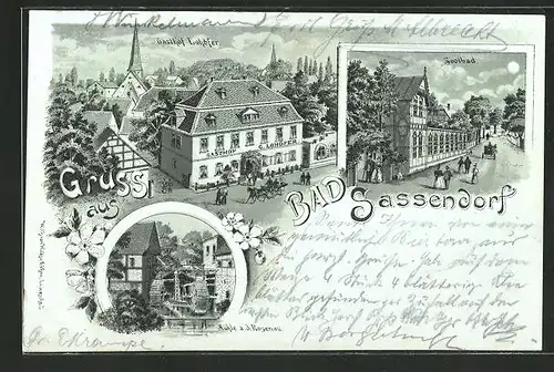 Mondschein-Lithographie Bad Sassendorf, Gasthof Lohofer, Mühle a. d. Rosenau, Soolbad