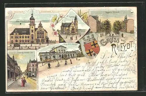 Lithographie Rheydt, Neue Post, Rathhaus, Berg. Merk. Bahnhof, Friedrich-Wilhelm-Strasse, Augusta-Strasse, Stadt-Wappen