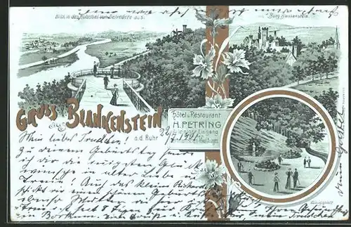 Lithographie Blankenstein, Hotel & Restaurant H. Petring, Blick in das Ruhrtal v. Belvedere aus, Burg Blankenstein