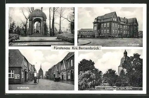 AK Fürstenau, Ehrenmal, Volksschule, Grossestrasse, Schlossteich m. kath. Kirche