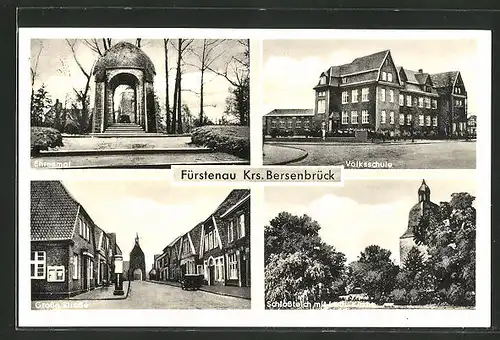 AK Fürstenau, Ehrenmal, Volksschule, Grosse Strasse, Schlossteich m. kath. Kirche