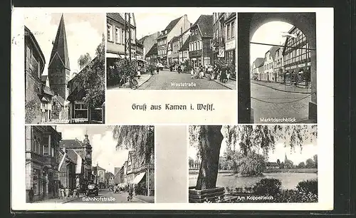 AK Kamen i. W., Weststrasse, Bahnhofstrasse, Schiefer Turm