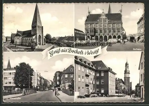 AK Bocholt / Westf., St. Georgskirche, Rathaus, Neustrasse, Am Hospital
