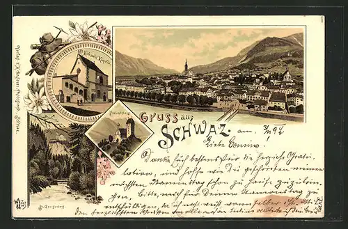 Lithographie Schwaz, Michaels-Kapelle, Freundsberg, St. Georgenberg