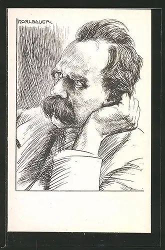 Künstler-AK Portrait des Philosophen Friedrich Nietzsche, Original-Zeichnung von Karl Bauer