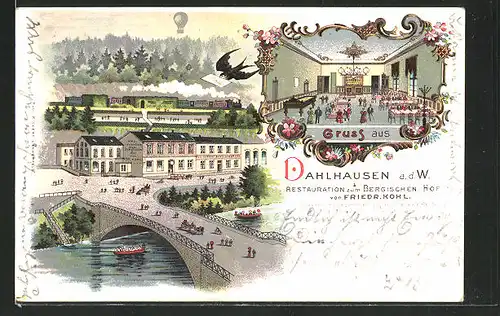 Lithographie Dahlhausen, Restaurant zum Bergischen Hof von Friedr.Kohl aus der Vogelschau mit Brieftaube, Innenansicht