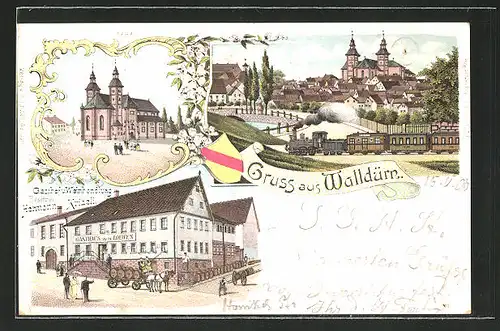 Lithographie Walldürn, Gasthaus zum Löwen, Bes. Hermann Krizeli, Kirche, Ortspartie