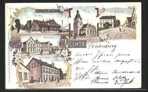 Lithographie Vechta, Central-Hotel v. B. Busse, Gymnasium, Bahnhof, Kirche, Gr. Kirchstrasse